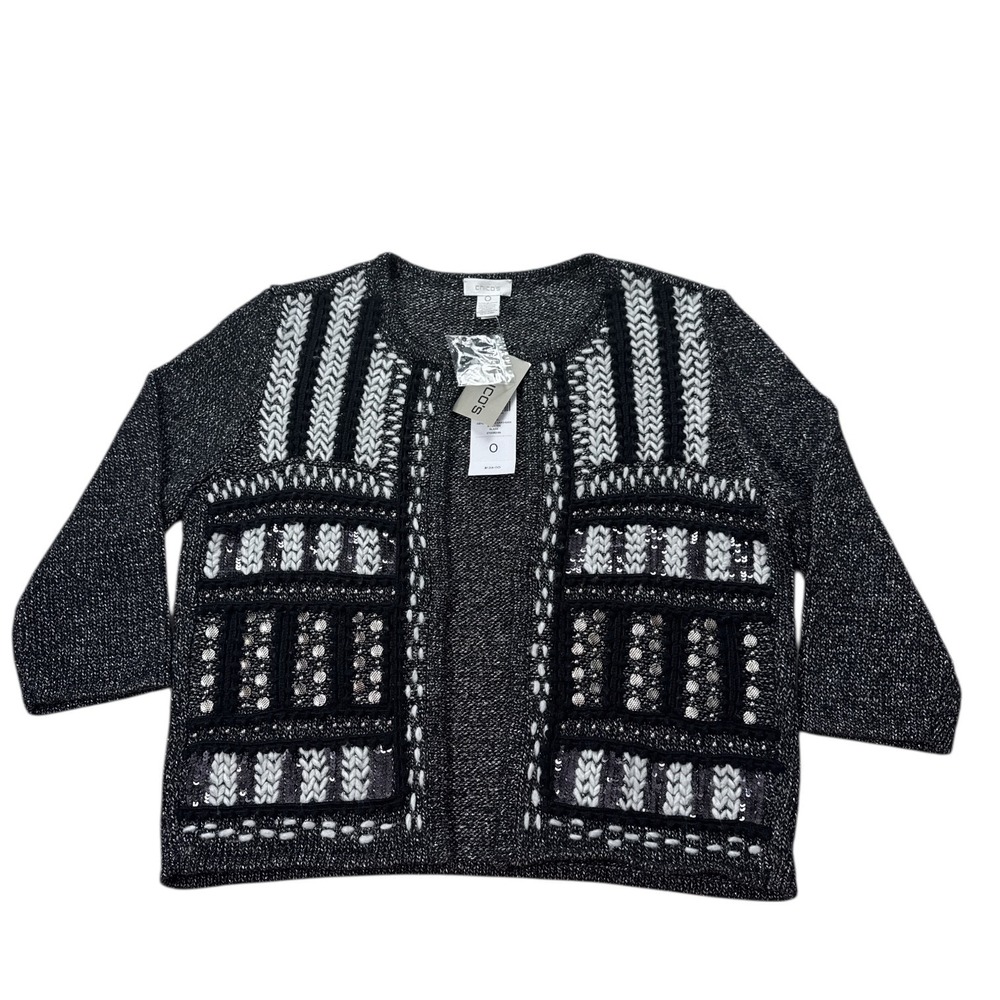Chico's Embellished Open-Front Cardigan Sweater Jacket Black White Gray Size 0 N